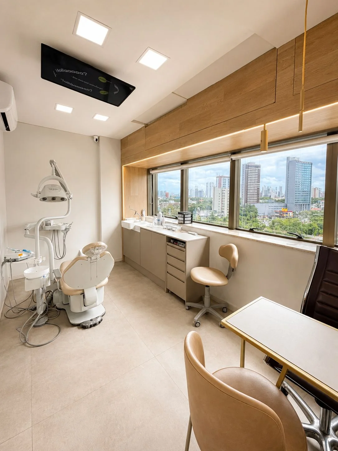 Sala clínica com cadeira odontológica e vista para a cidade